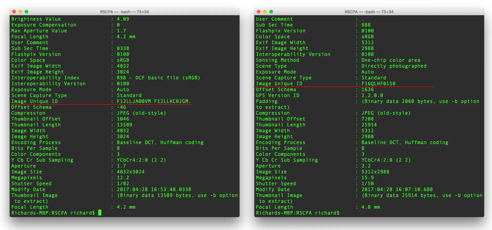 Metadata of one of the images from the left above and the image from the right. These show two separate unique image identifiers which were correlated to a phone camera firmware. Richard Matthews, Author provided